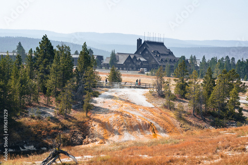 View of the Old Faithful lodge, an historical building in Yellowstone National Park