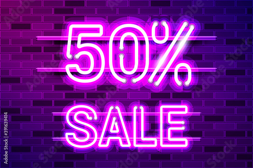 50 percent SALE glowing purple neon lamp sign