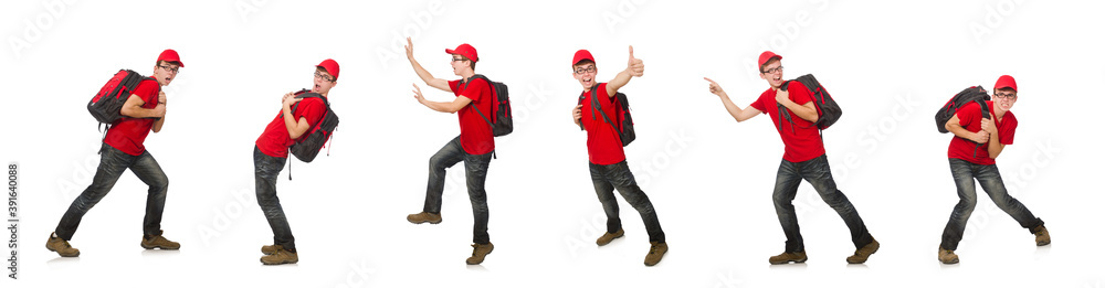 Young traveller with backpack isolated on white Young traveller with backpack isolated on white