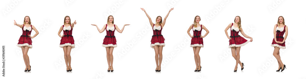 Woman wearing red dress in fashion concept isolated on white Woman wearing red dress in fashion concept isolated on white