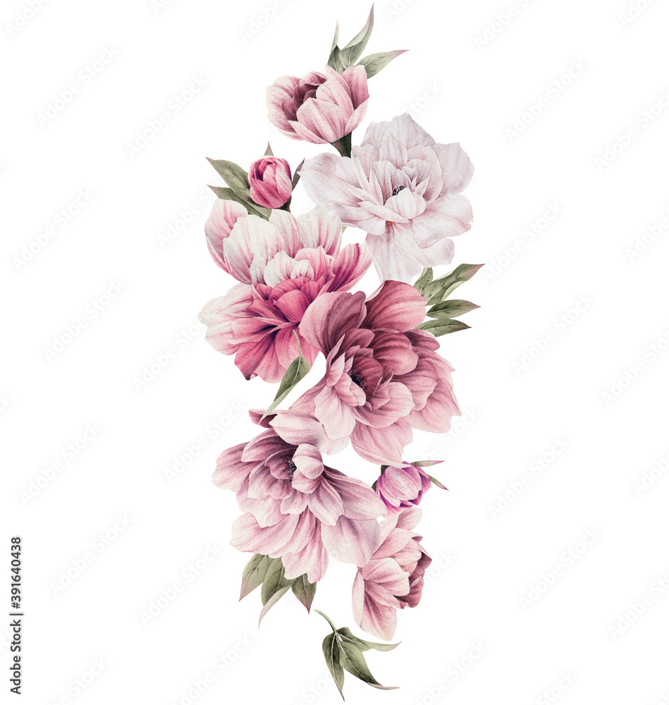 Floral arrangement with peonies flowers, can be used as invitation card for wedding, birthday and other holiday and  summer background. Watercolor illustration. Botanical art