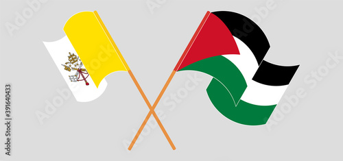 Crossed and waving flags of Vatican and Palestine