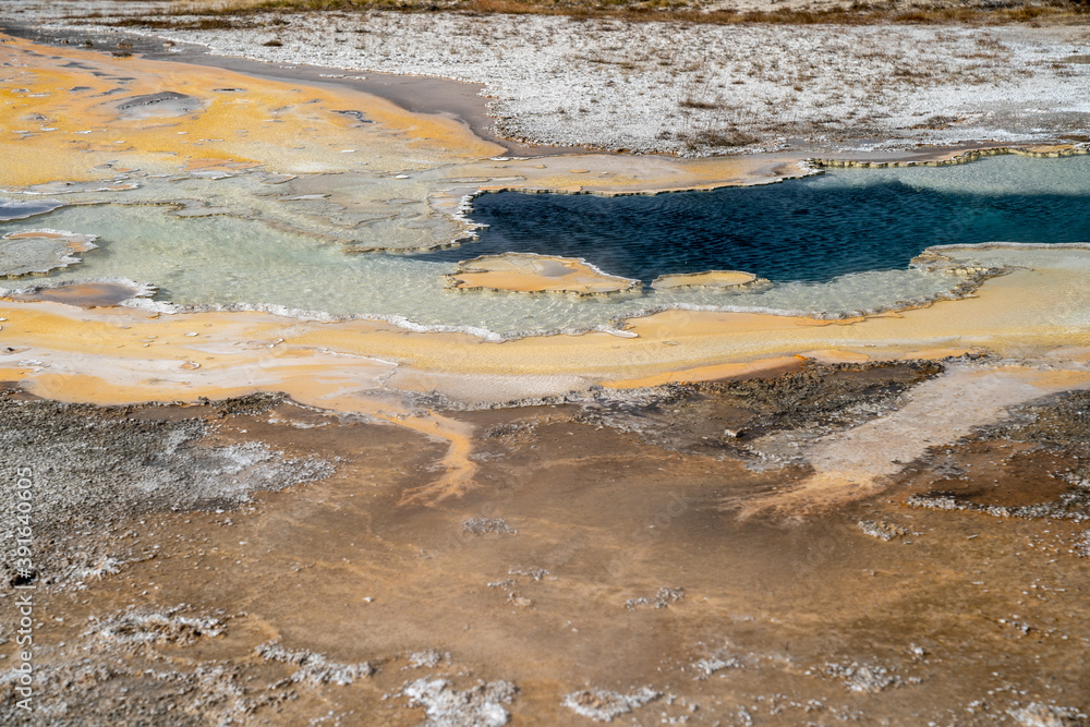 Close up of Doublet Pool, a hot spring thermal feature in the Upper Geyser Basin in Yellowstone National Park