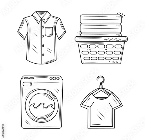 laundry men shirt washer machine and basket with clothes icons line style