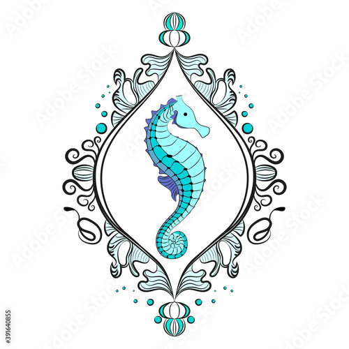 Single framed seahorse. Victorian era, beautiful frame. The composition is blue. Isolated white background.