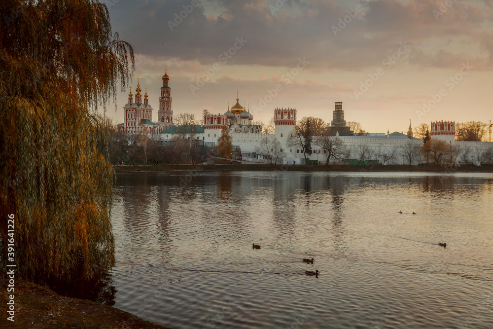 Novodevichy Convent monastery, view from a pond. Moscow, Russia
