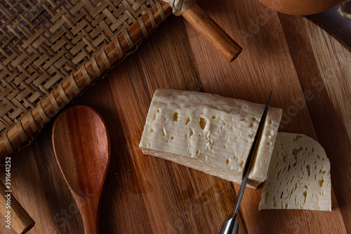 Rennet Cheese. Curd Cheese. (Queijo coalho ou Queijo de Coalho). Authentic Typical Brazilian Cheese from Northeast region. Top View.