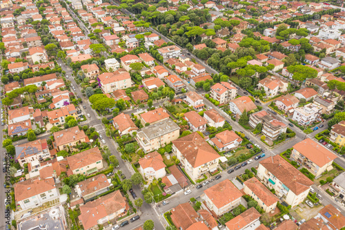 Aerial view of dense town near Viareggio, Italy.