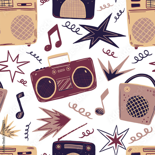 Vintage radios and tape recorders. Seamless pattern of flat hand drawn vector illustrations. Gentle simple music background in retro style. Design for print, decor, card, fabric, textile, poster etc.