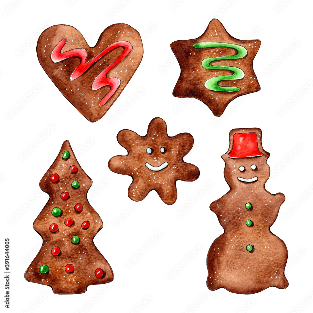 Hand drawn watercolor gingerbread cookies set. Christmas design.