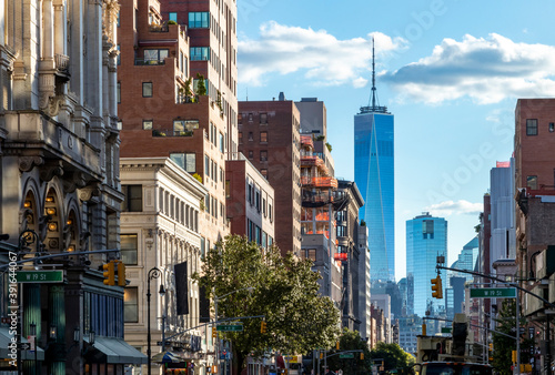 View of the historic buildings along 6th Avenue towards downtown Manhattan in New York City © deberarr
