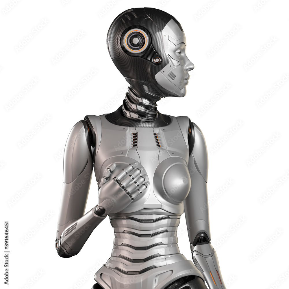 3d render of a very detailed robot woman or futuristic girl looking right while holding one hand on her chest, front view of the upper body isolated on white background 3d render of a very detailed robot woman or futuristic girl looking right while holding one hand on her chest, front view of the upper body isolated on white background