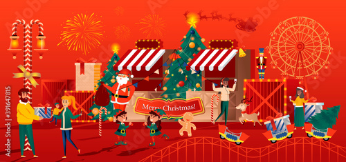 Christmas toy store greeting card in flat style. Christmas fair with happy shopping people of holiday presents. 2021 Happy New Year vector illustration. Horizontal Xmas carnival banner, website header