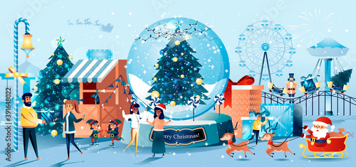 Christmas carnival flat style greeting card. Festive amusement park, carousel and ferris wheel, fir tree in snow globe. 2021 Happy New Year vector illustration. Horizontal Xmas banner, website header.