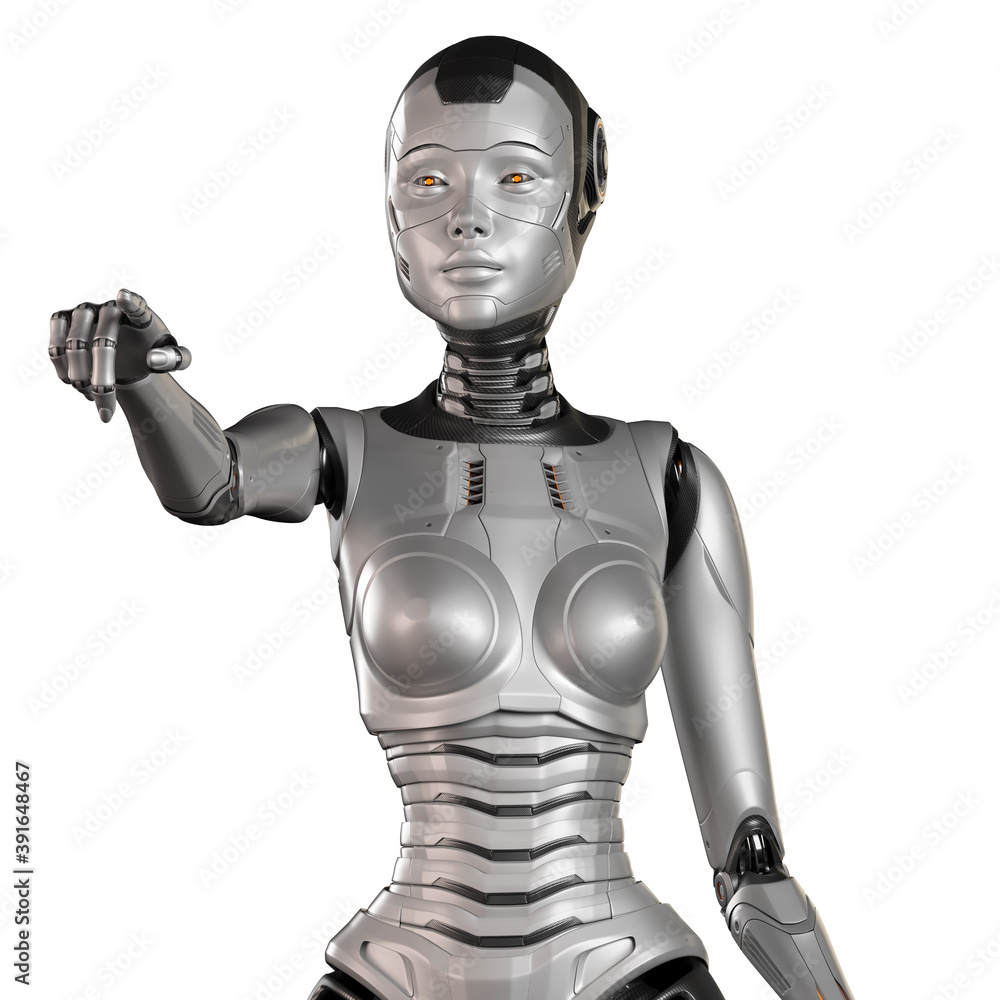 3d render of a very detailed female robot or futuristic cyber girl pointing her finger towards somebody or something, upper body isolated on white background 3d render of a very detailed female robot or futuristic cyber girl pointing her finger towards somebody or something, upper body isolated on white background
