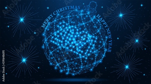 Christmas ball and fireworks. Happy New year 2021 and merry Christmas. Bright low poly design of interlocking lines and dots