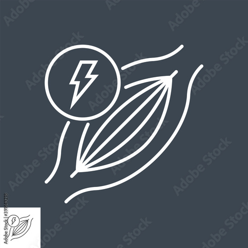 Muscle pain related vector thin line icon. Muscle with lightning. Isolated on black background. Editable stroke. Vector illustration.