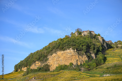 The village of Chateau Chalon high above the vineyards in the departement of Jura, Franche-Comte, France