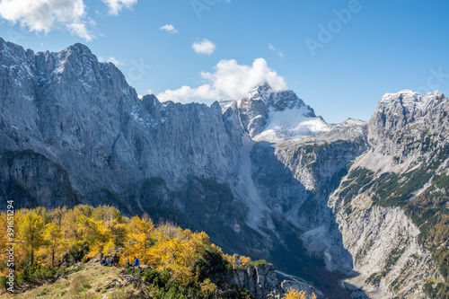 hiking in Slovenia with a beautiful mountain scenery in the Julian Alps with yellow larches and spruce trees on a sunny clear day in autumn with a blue sky and Mount Triglav in the background