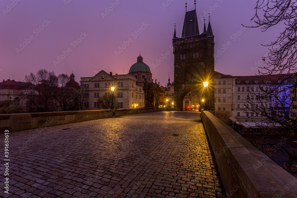 In the morning on Charles Bridge in Prague In the morning on Charles Bridge in Prague