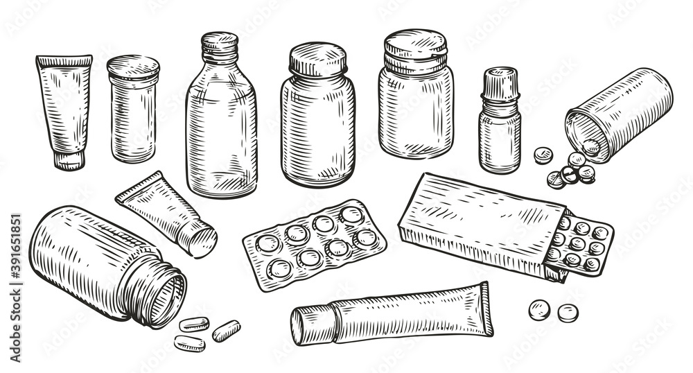 Pharmacy, medicine and healthcare vector sketch illustration. Pills, drugs,  bottles, prescription design elements Stock Vector | Adobe Stock