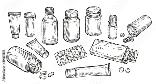 Medicines, pills and bottles sketch. Medicine, pharmacy concept vintage vector illustration