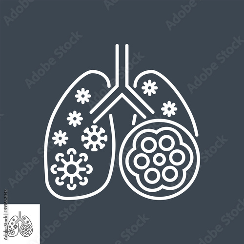 Pneumonia related vector thin line icon. Lungs with alveoli and coronavirus. Isolated on black background. Editable stroke. Vector illustration.