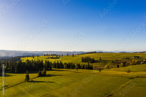 Obraz na płótnie Polish mountain countryside with beautiful fields all around w salonie