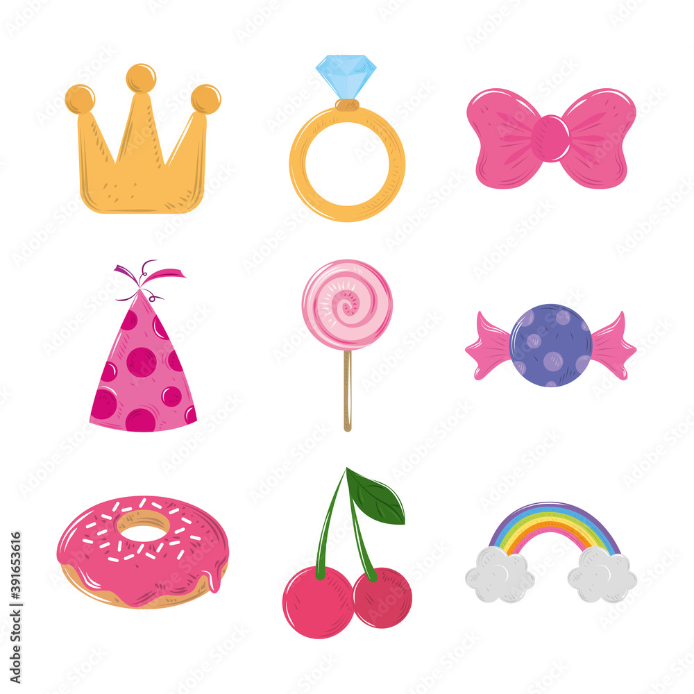 cute bow rainbow crown ring cherry cartoon decoration icons