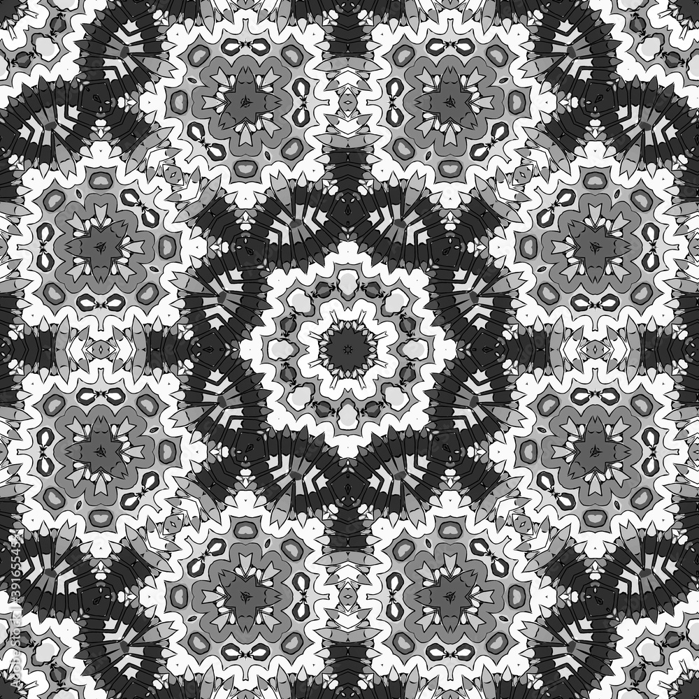 Seamless pattern with floral and mandala elements. Black and white decorative doodle background.