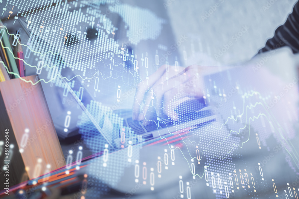 Obraz premium Double exposure of woman hands typing on computer and forex chart hologram drawing. Stock market invest concept.