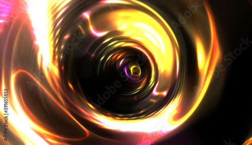 Cool background of moving glowing lights. Vibrant colorful portal template for your design. Light rays and glow particles in motion forming a wormhole shape.