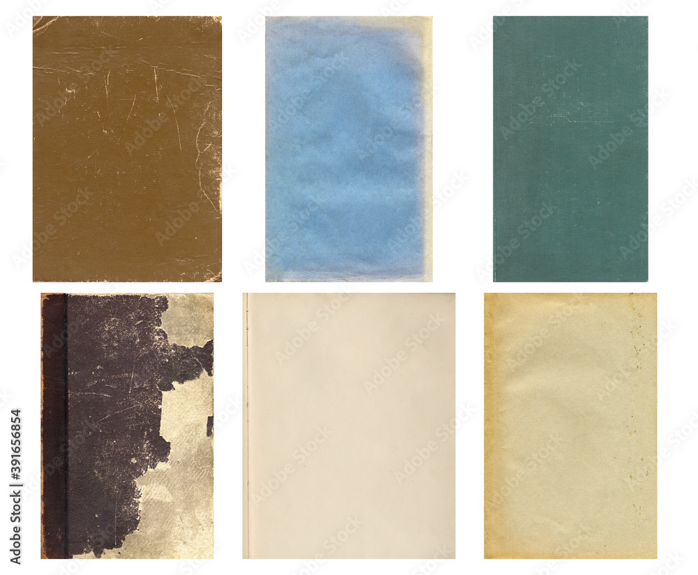 Paper and textile textures set. Blank retro pages and old book covers. Rough faded canvas surface. Perfect for background and vintage style design. Empty place for text.