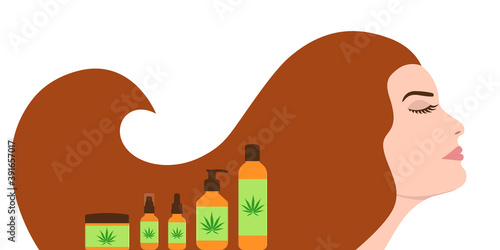 Woman with long hair profile near CBD oil products. Different herbal hemp cosmetics for hair health and beauty. Vector illustration.