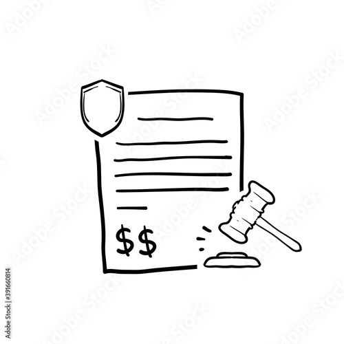 hand drawn doodle gavel and document symbol for penalty icon, financial forfeit, surcharge. isolated background