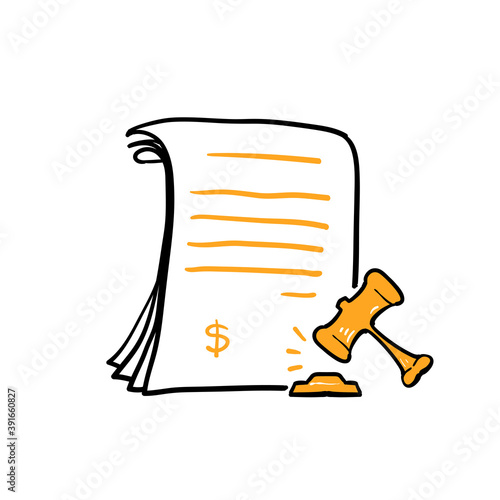 hand drawn doodle gavel and document symbol for penalty icon, financial forfeit, surcharge. isolated background