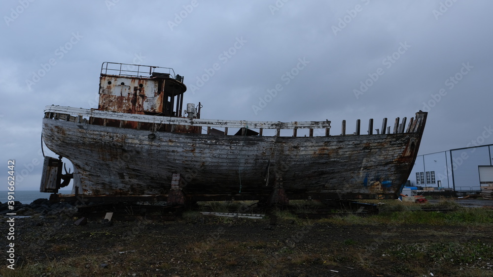 Shipwreck decaying in Akranes (Iceland).