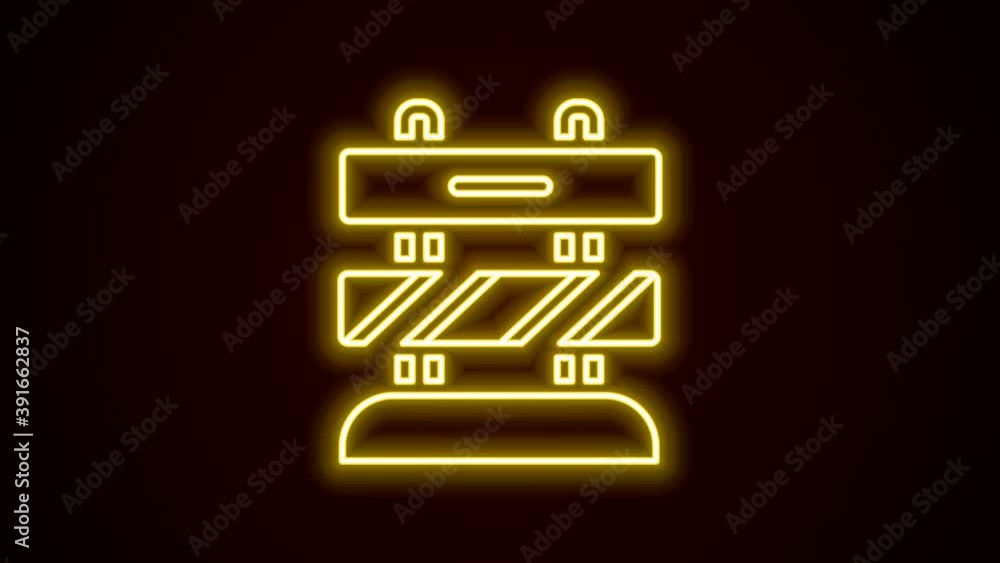 Glowing neon line End of railway tracks icon isolated on black background. Stop sign. Railroad buffer end to destination. 4K Video motion graphic animation