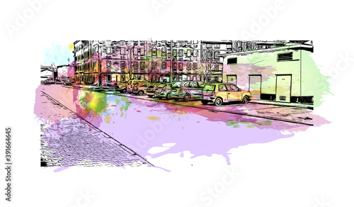 Building view with landmark of Chorzow is a city in Silesia in southern Poland, near Katowice. Watercolor splash with hand drawn sketch illustration in vector.