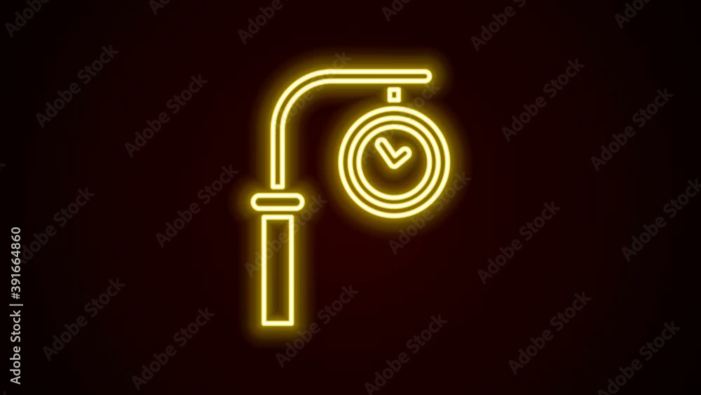 Glowing neon line Train station clock icon isolated on black background. 4K Video motion graphic animation Glowing neon line Train station clock icon isolated on black background. 4K Video motion graphic animation