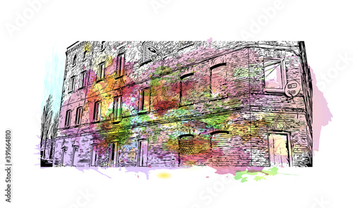 Building view with landmark of Chorzow is a city in Silesia in southern Poland, near Katowice. Watercolor splash with hand drawn sketch illustration in vector.