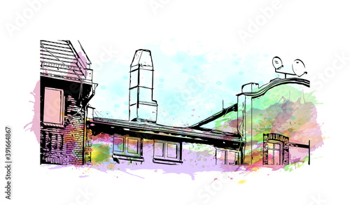 Building view with landmark of Chorzow is a city in Silesia in southern Poland, near Katowice. Watercolor splash with hand drawn sketch illustration in vector.