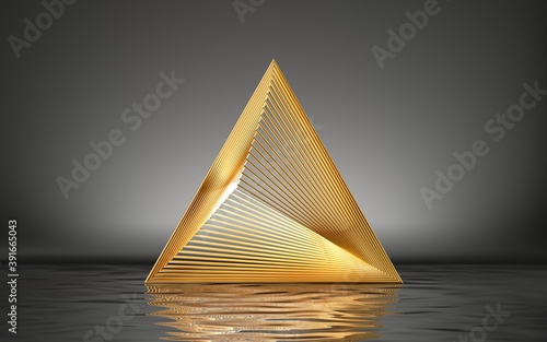3d render, abstract golden pyramid isolated on black background with reflection in the water on the wet floor. Modern minimal geometric shape