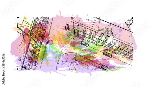 Building view with landmark of Chorzow is a city in Silesia in southern Poland, near Katowice. Watercolor splash with hand drawn sketch illustration in vector.