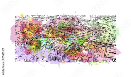 Building view with landmark of Chorzow is a city in Silesia in southern Poland, near Katowice. Watercolor splash with hand drawn sketch illustration in vector.