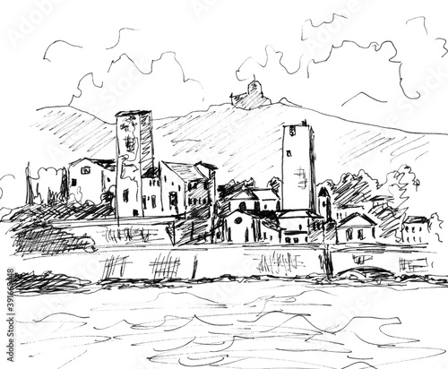 View from the sea to the towers of Antibes in France, graphic drawing on a white background, travel sketch