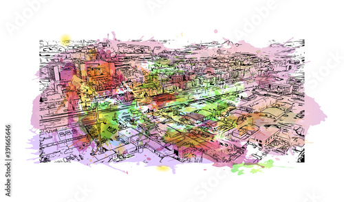 Building view with landmark of Chorzow is a city in Silesia in southern Poland, near Katowice. Watercolor splash with hand drawn sketch illustration in vector.