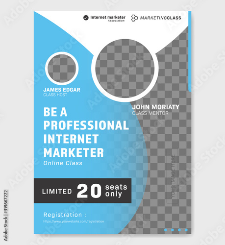 Internet marketer online class seminar vector poster template light blue white and black color
