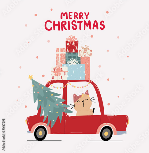 Cute Christmas cat in red car with pine tree and gifts, Holiday animal cartoon greeting card