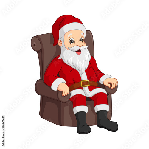 Cartoon Santa Claus sitting in armchair on a white background